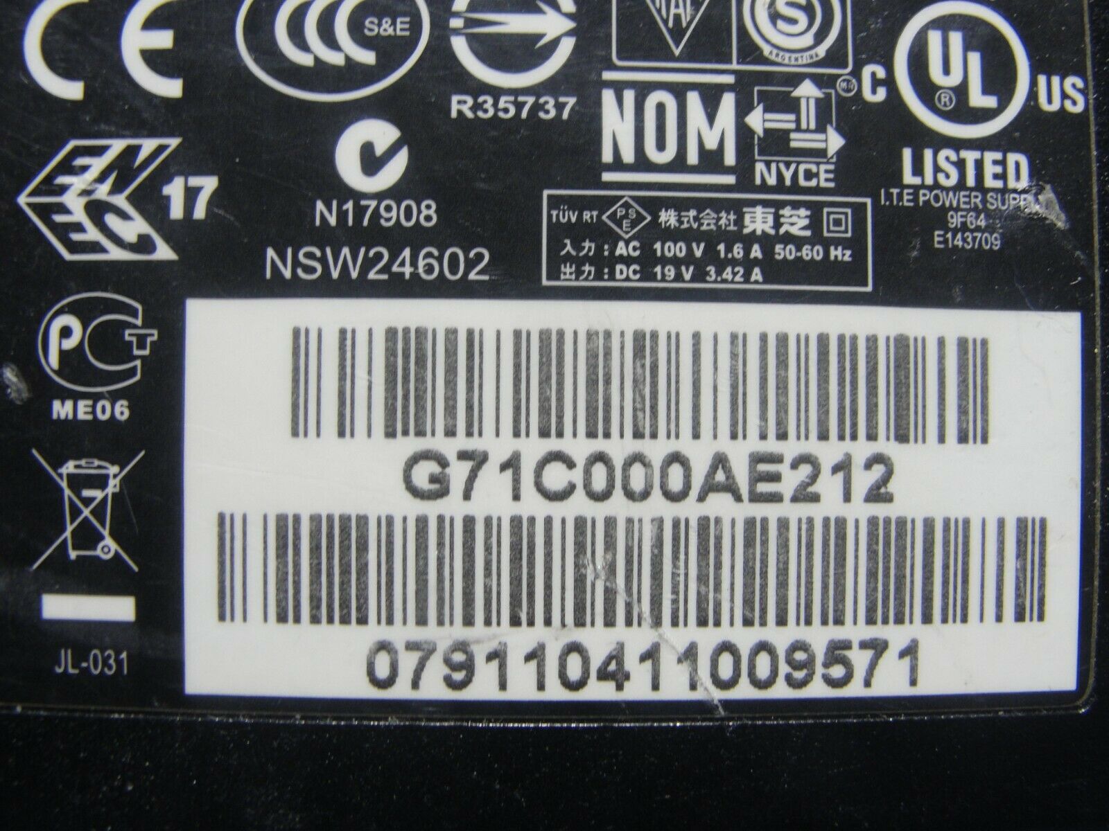 Genuine Toshiba AC Adapter Power Charger 19V 3.42A 65W PA3714U-1ACA G71C000AE212 